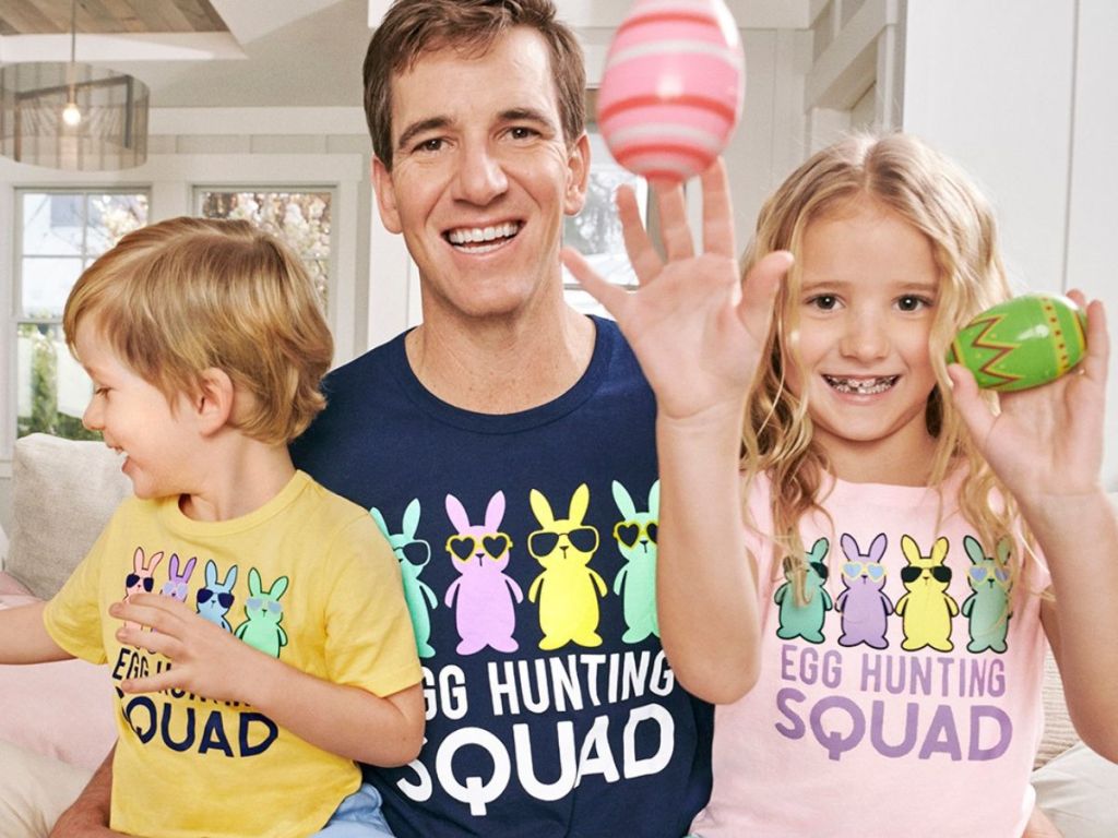 Peyton Manning and his two kids wearing The Children's Place Egg Hunting Squad Tees