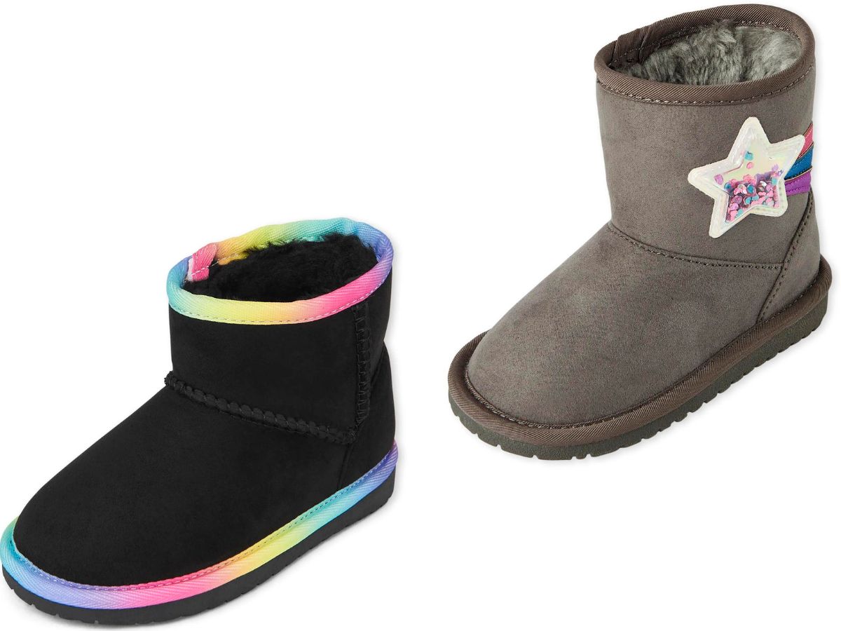 black and rainbow boot and gray and star boot