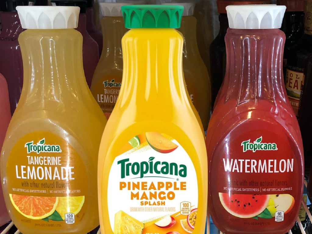 Tropicana Pineapple Mango Splash juice with tropicana lemonades on shelf in fridge