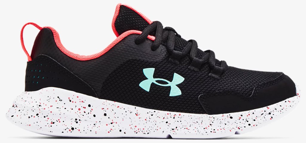 black under armour shoe with pain platter print on soles