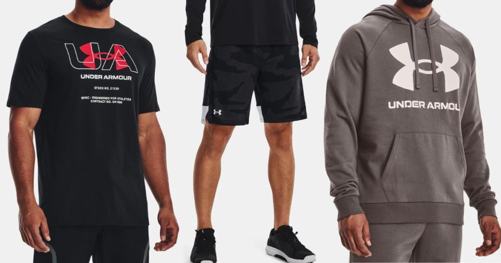 A man in an Under Armour shirt, a man in Under Armour shorts, and a man in an Under Armour hoodie