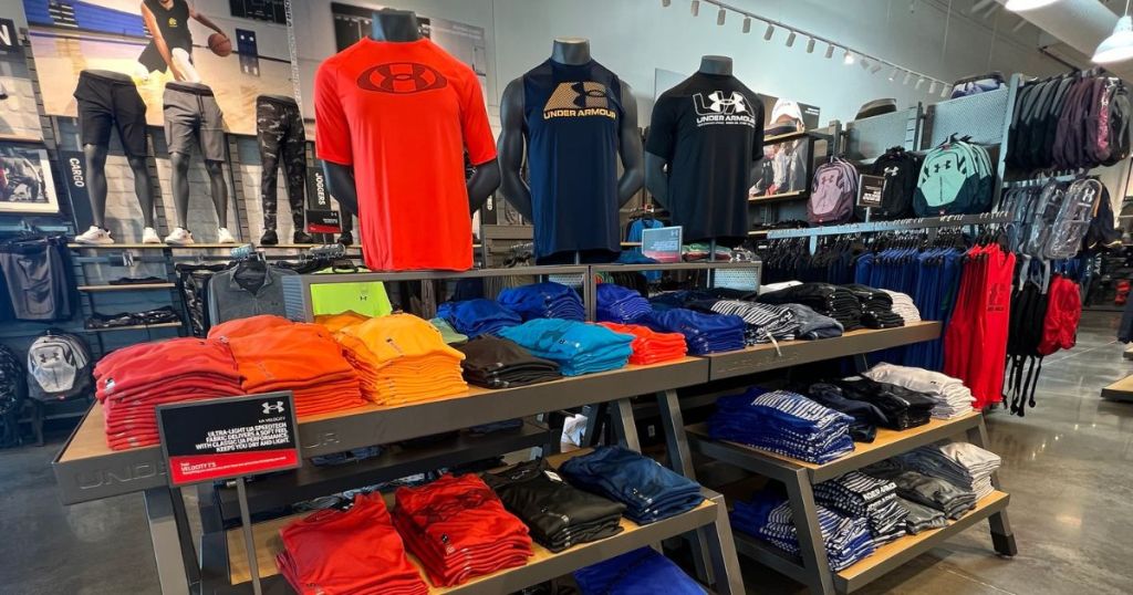 In-store display of under armour t-shirts for men