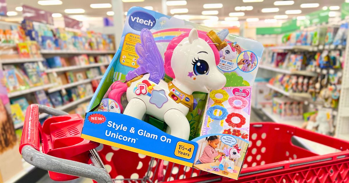 toy unicorn in a box in a red shopping cart