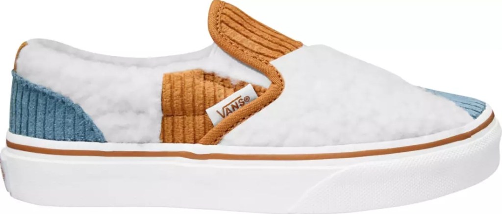 Vans sneaker with white, brown, and blue accents