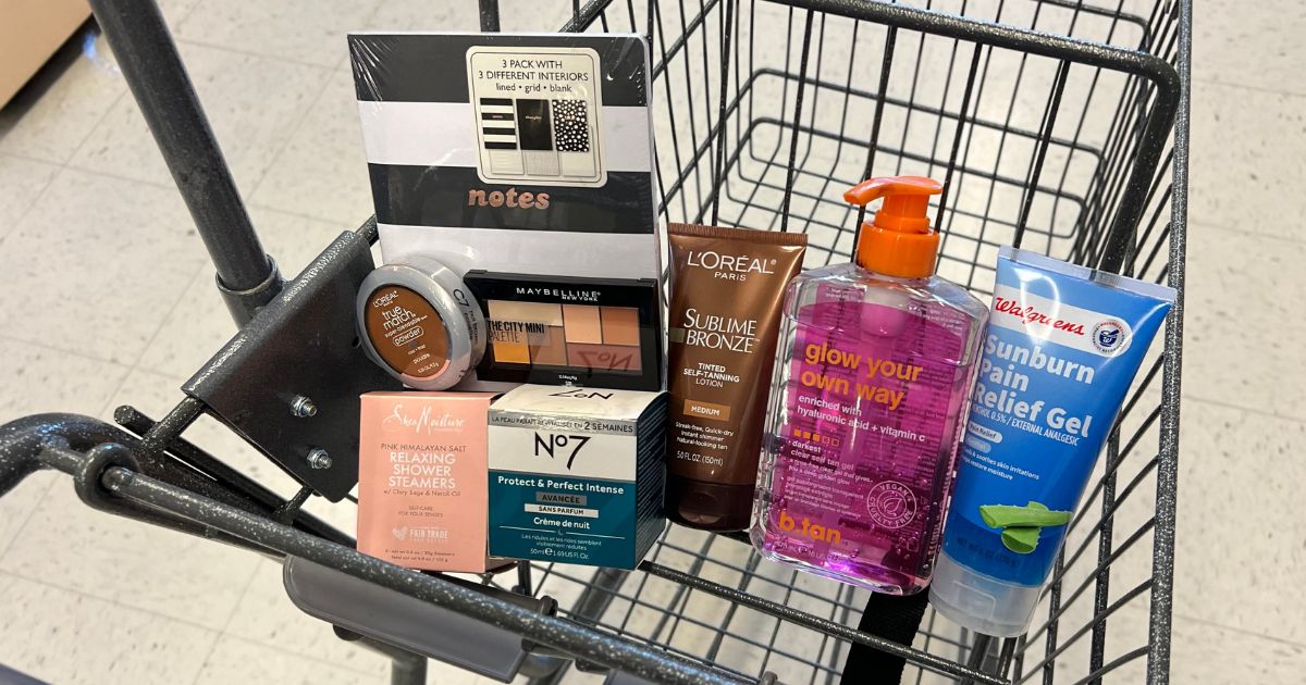 Walgreens clearance finds in the front basket of a walgreens shopping cart, in-store