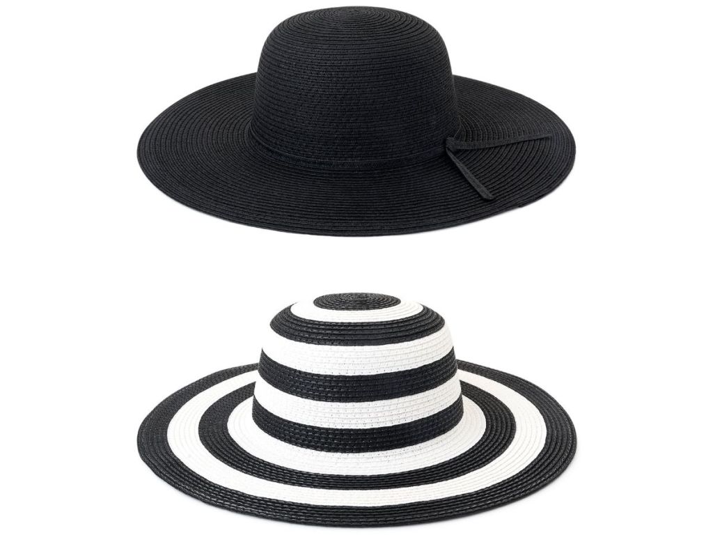 Two floppy hats: one black and the other black and white striped