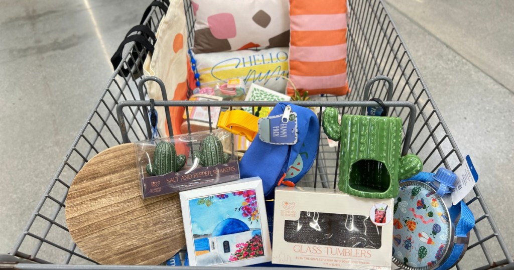 Walmart cart filled with dollar shop itemd