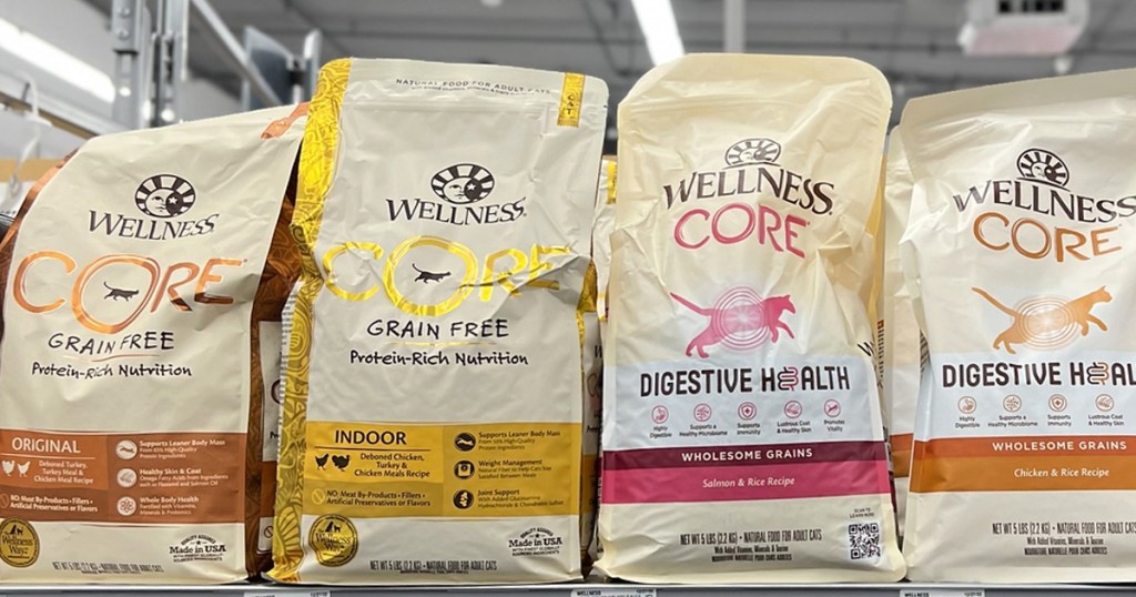 bags of Wellness CORE Dry Cat Food on store shelf