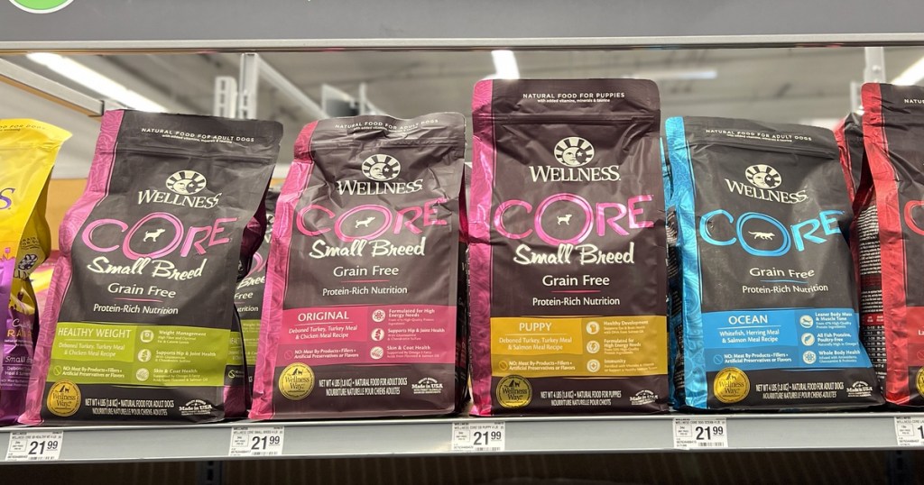 bags of Wellness CORE Dry Dog Food on store shelf