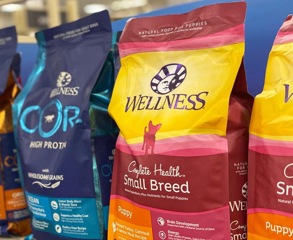 wellness dry dog foods on store shelf