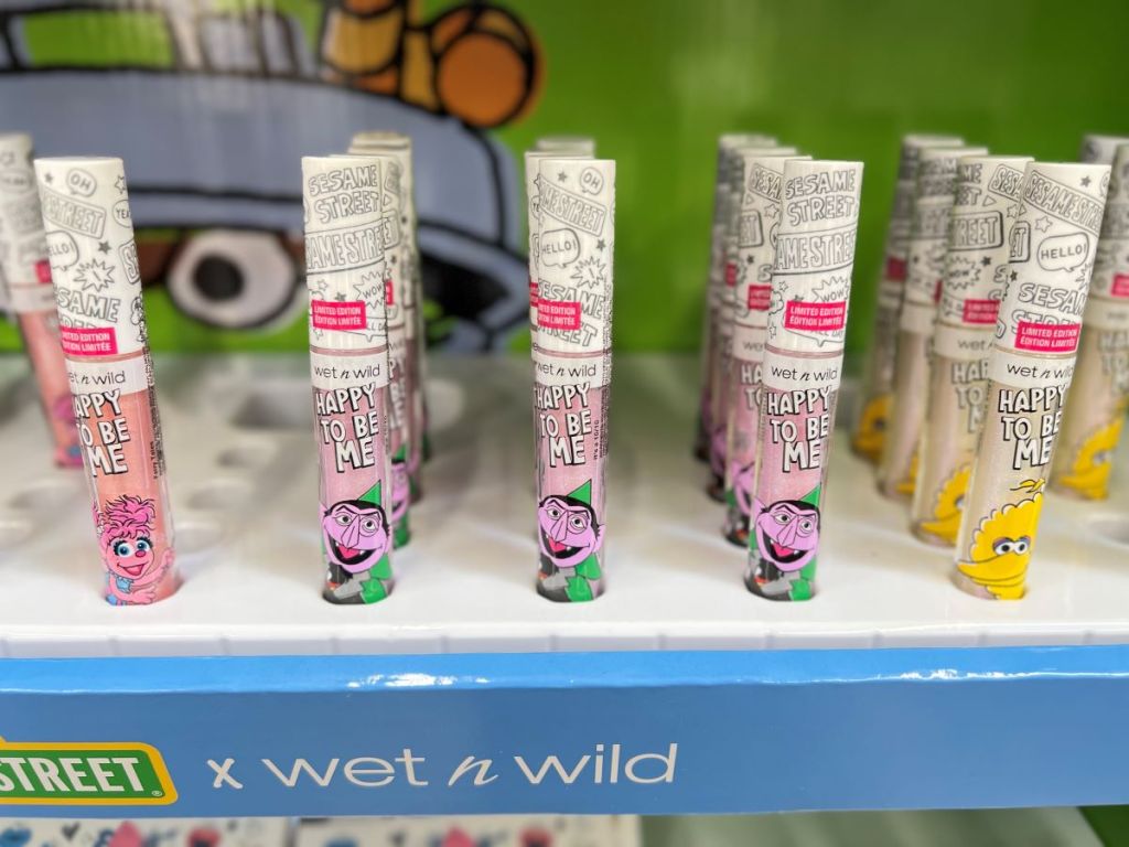 display of Sesame Street themed lipgloss at a store