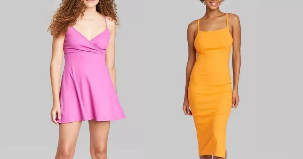 woman in a pink dress and a woman in an orange dress