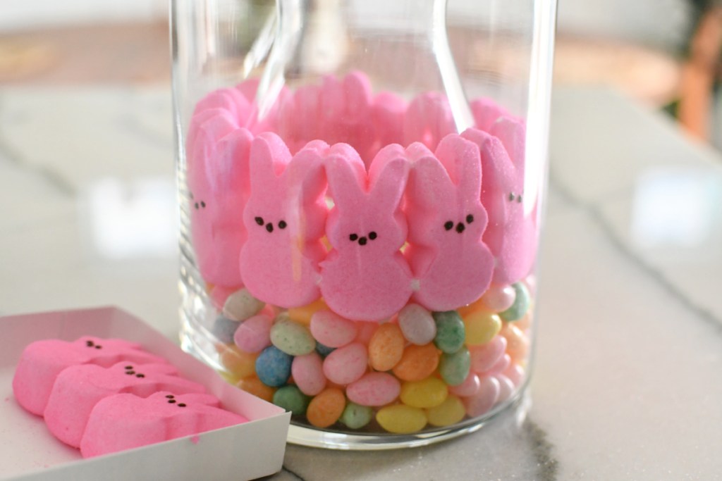 adding pink peeps to a centerpiece for easter