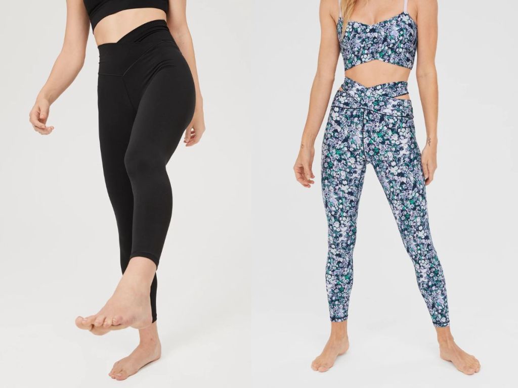 woman wearing black leggings and woman wearing blue floral leggings