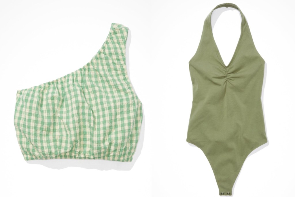 green checkered one shoulder top and green bodysuit
