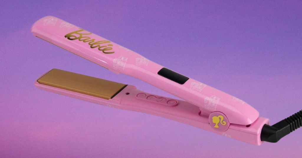 pink Barbie flat iron with purple and pink backgound