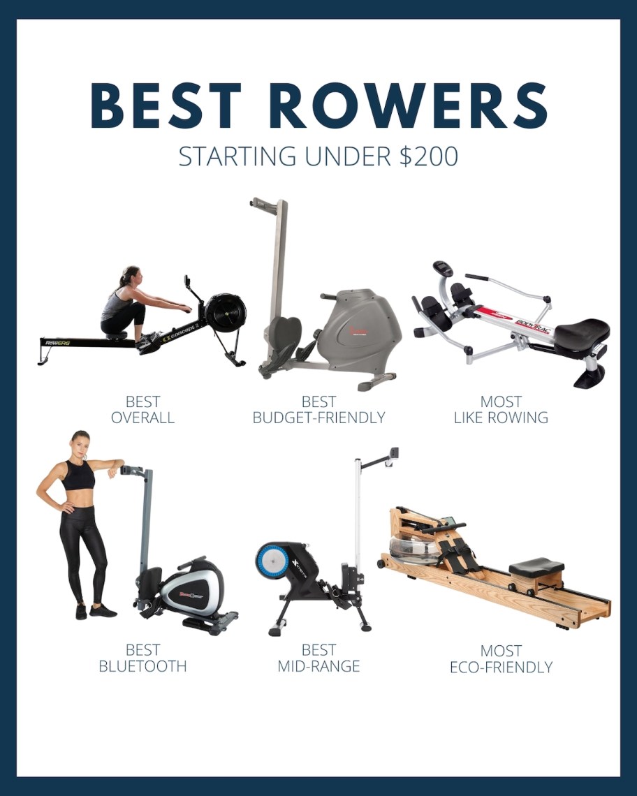 graphic collage of stock photos of the best rowers machines starting under 200 dollars