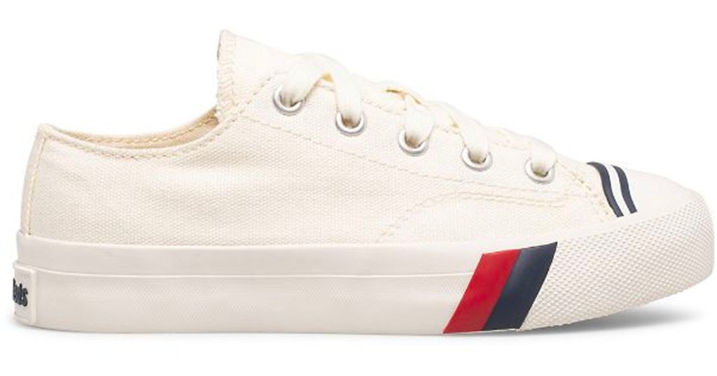 white kids keds with blue and red stripe