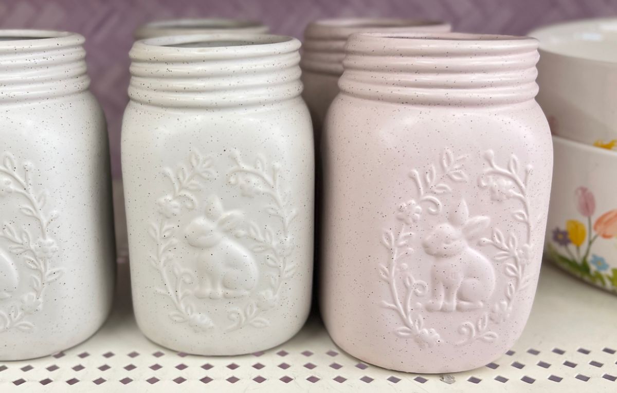 bunny crest jars on a shelf in the store