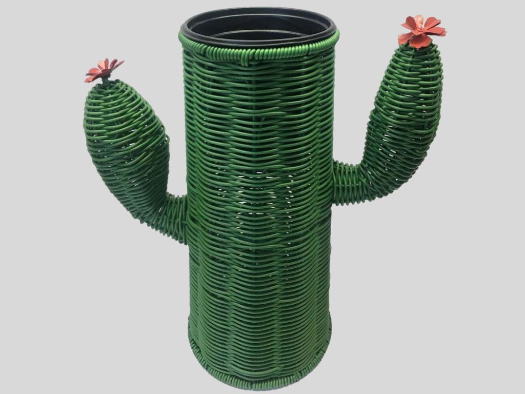 green cactus planter with pink flowers