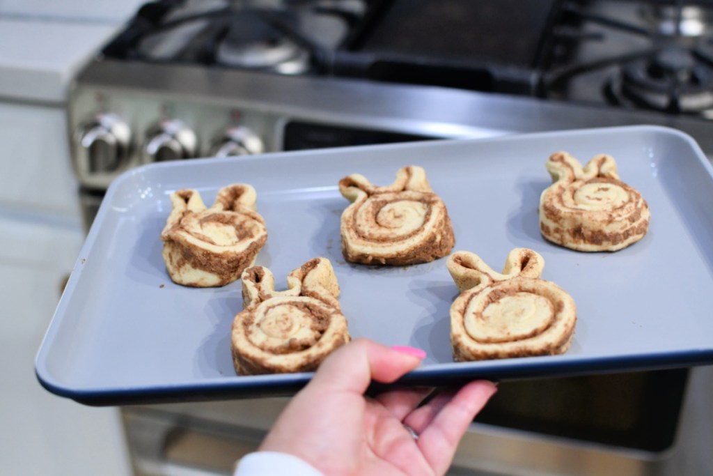 caraway sheet pan with cinnamon roll bunnies