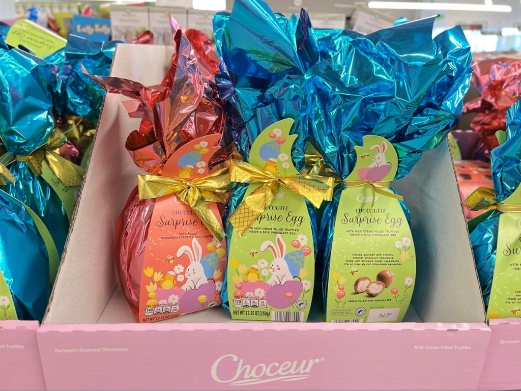 chocolate easter egg candy in box on shelf