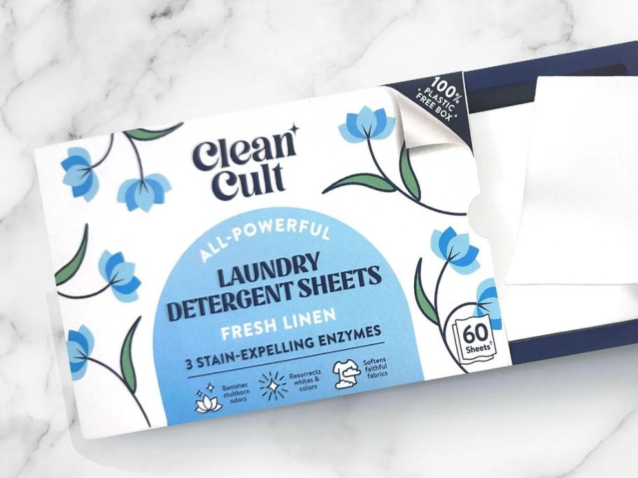 open Cleancult Laundry Detergent Sheets box in fresh linen scent on counter