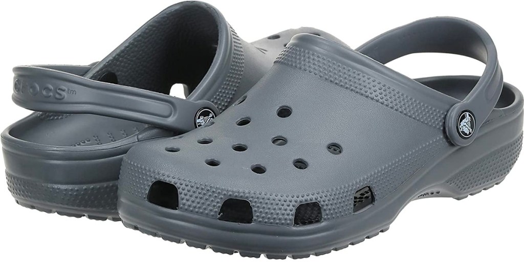 a pair of crocs clogs in slate gray