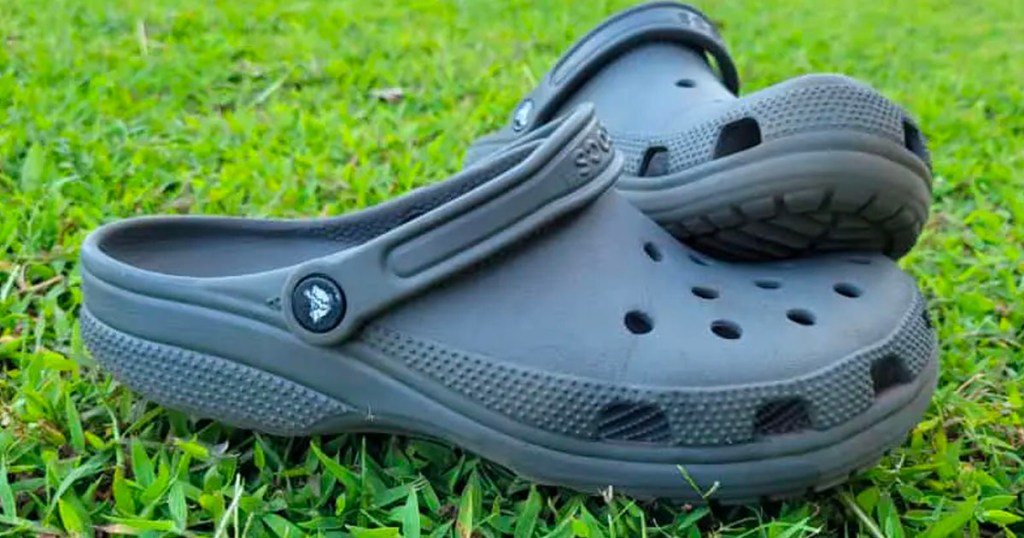 crocs slate gray unisex clogs on grass