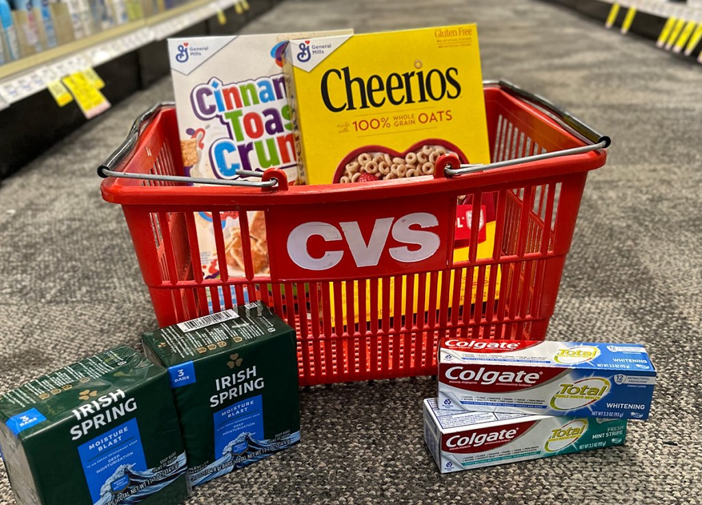 cvs basket with cereal, toothpaste, and soap