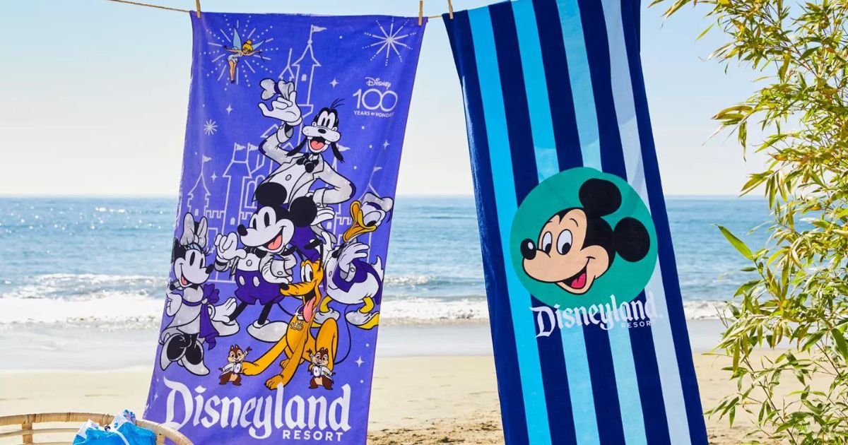 Disneyland 100 years beach towel and striped mickey towel