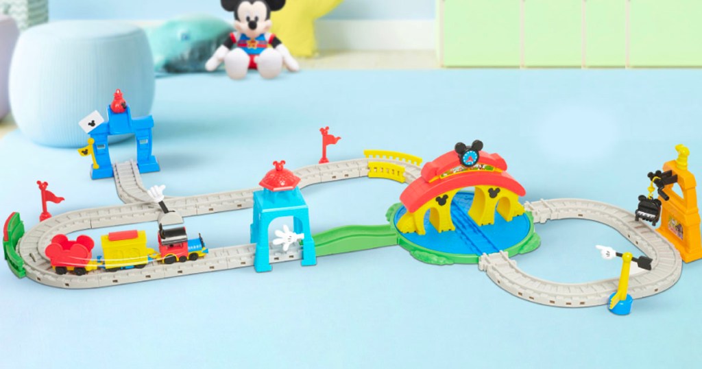 mickey mouse train track in childs bedroom
