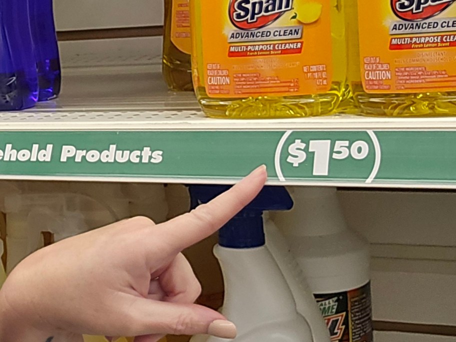 pointing to Dollar Tree pricing signage