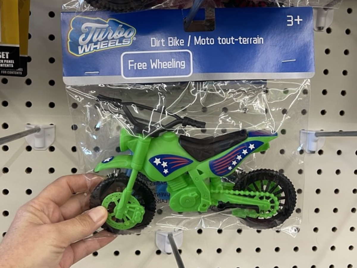 A dirt bike, one of the dollar tree toys available to buy