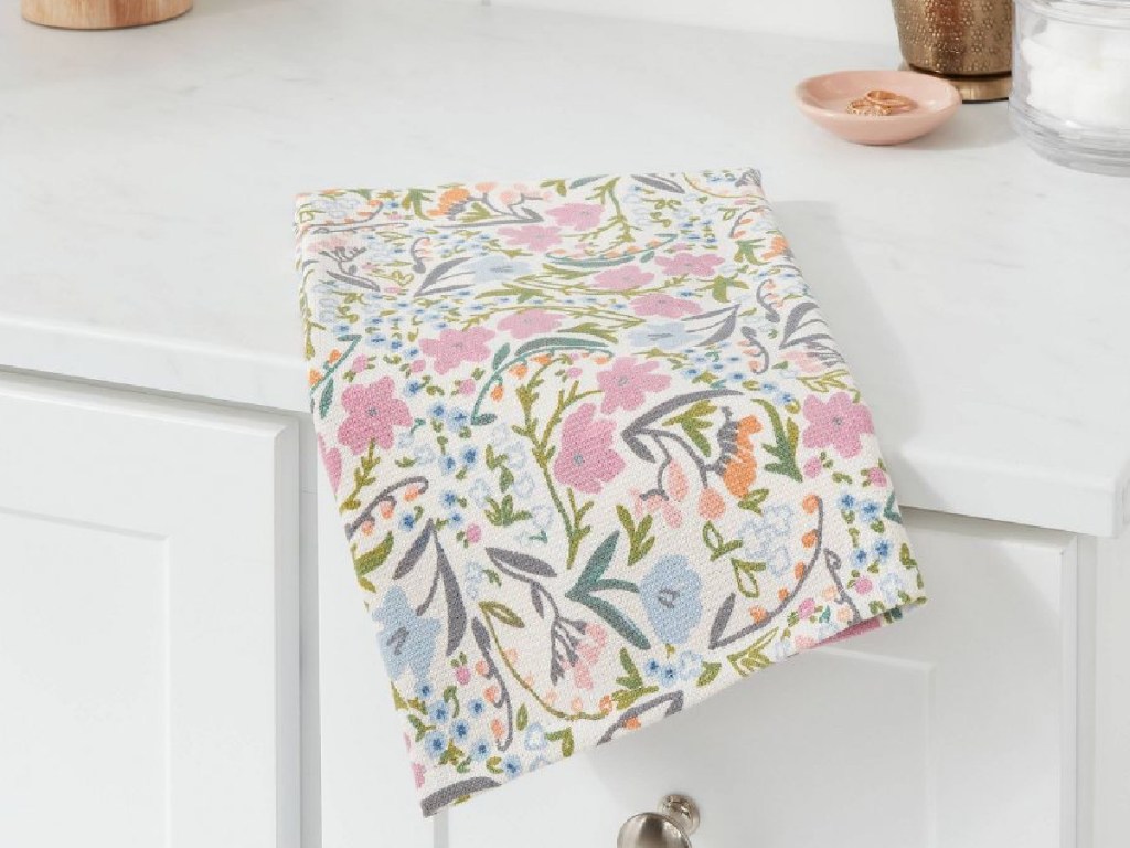 easter floral hand towel on white counter
