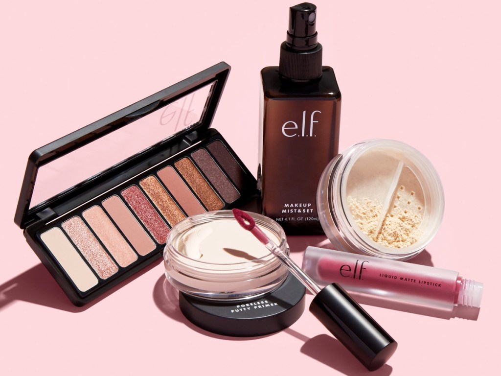elf face cosmetics on pink background
