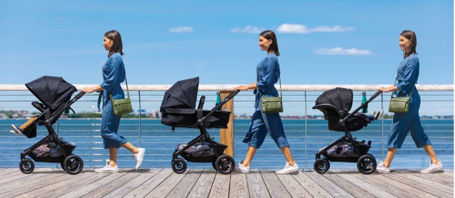 three women using different versions of the same Evenflo stroller