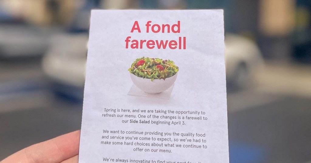 back of Chick-fil-A receipt with a farewell note to the side salad