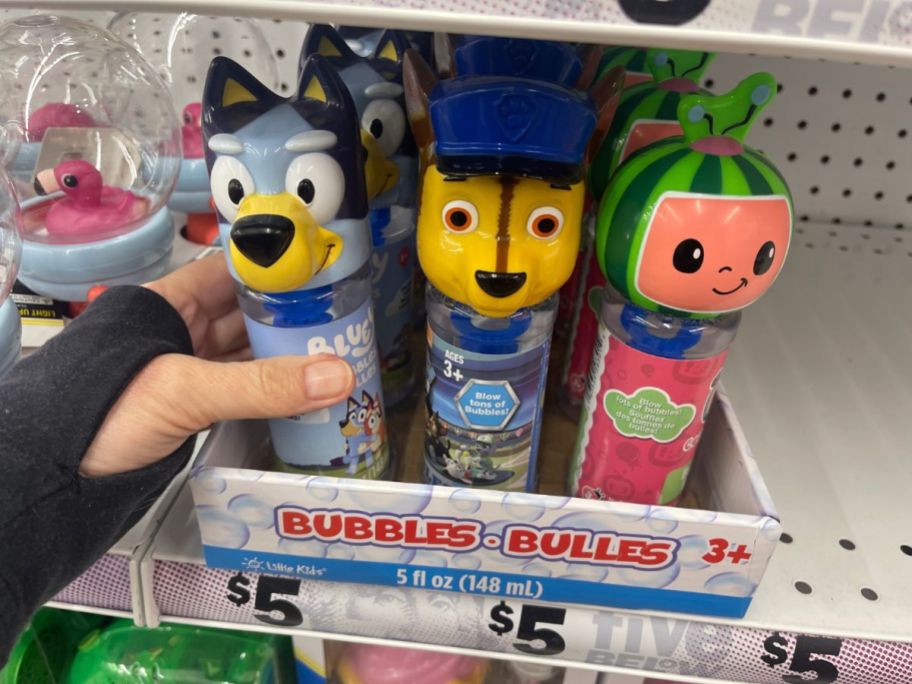 Bluey, Paw Patrol, Cocomelon Bubble Wands on shelf