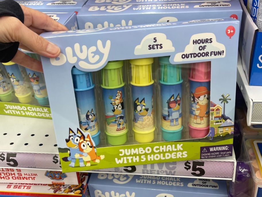 hand holding a Bluey Jumbo Chalk With Holders 5-Pack 
