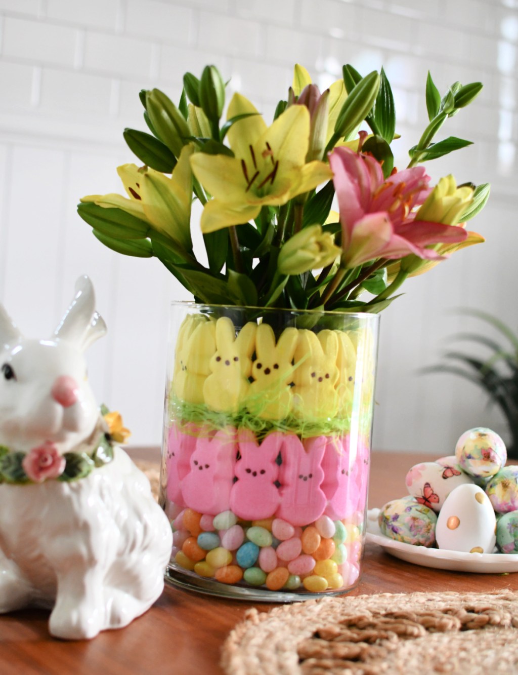 flower centerpiece made using peeps on the table