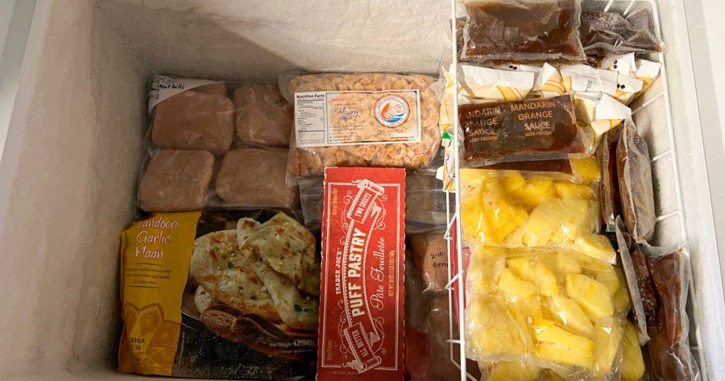frozen food and meat stored in a chest freezer