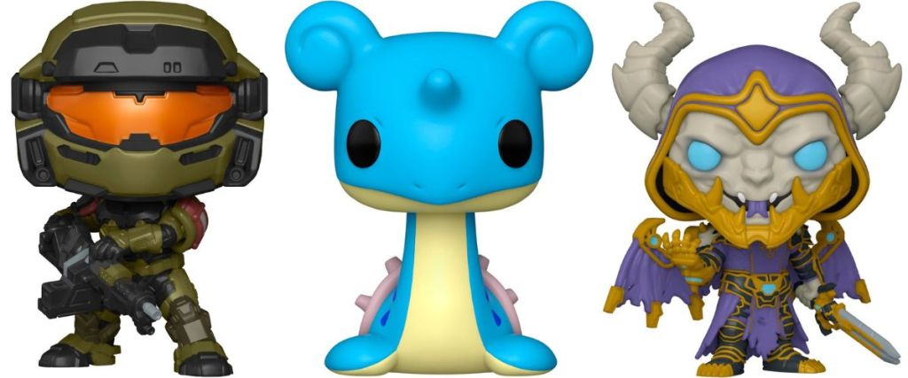 Funko POP Spartan Grenadier with HMG, Pokemon Lapras, and Dragon Lord characters