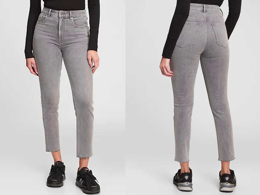 front and back image of woman wearing gray gap jeans
