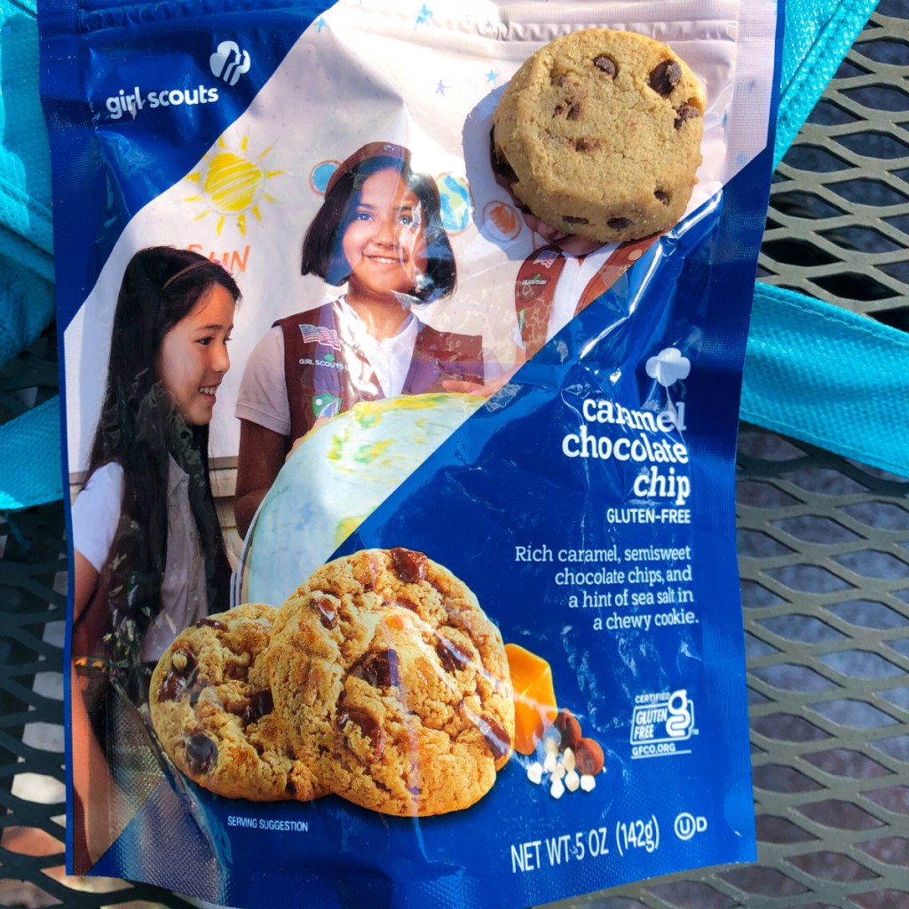 caramel chocolate chip cookies in a bag