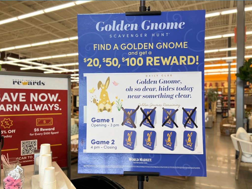 world market golden gnome game display in store