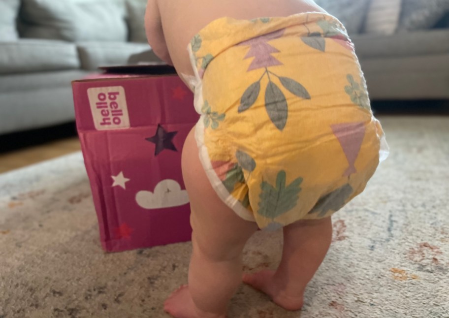 baby standing over hello bello box in succulent diapers