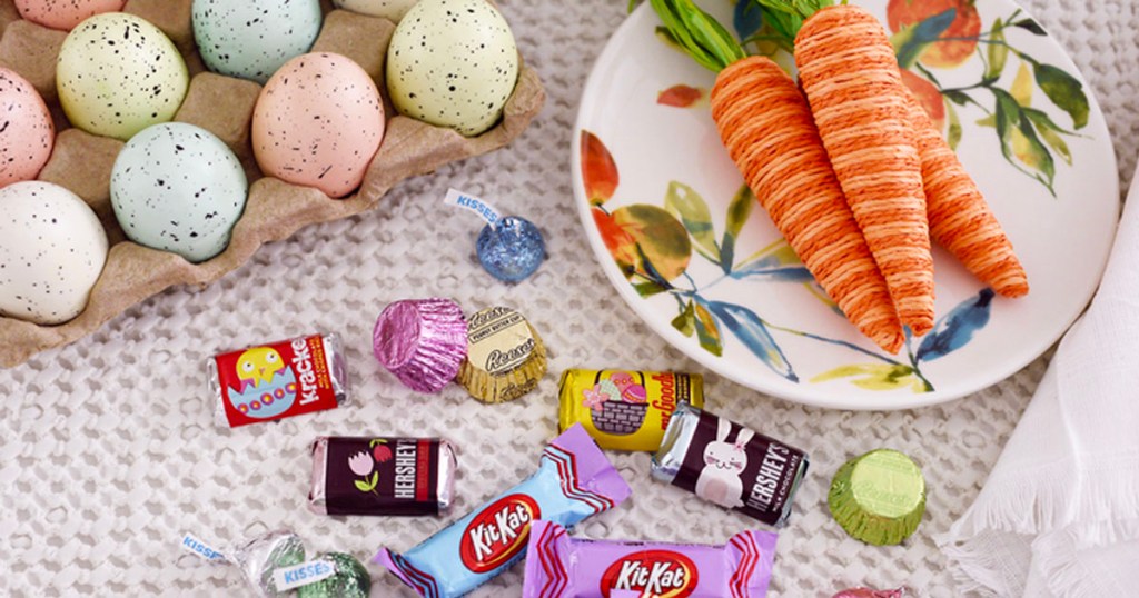 hersheys easter candy with carrots and eggs on table
