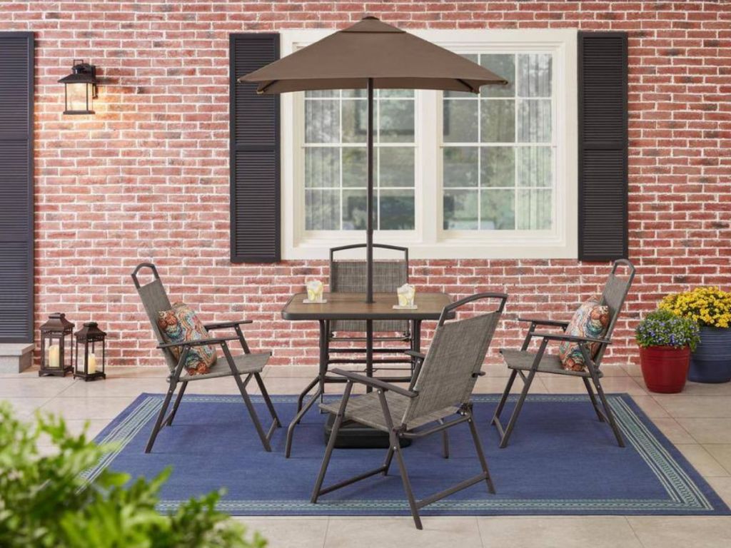 patio set with square table, brown umbrella nad for chairs