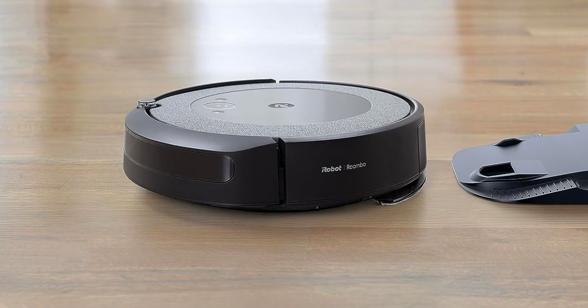 iRobot Roomba Combo j5+ Self-Emptying Robot Vacuum & Mop vacuuming a hardwood floor